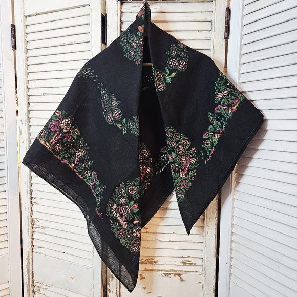 Vintage Accessories - Vintage Black Cotton Square Shawl/Scarf With Printed Floral Design